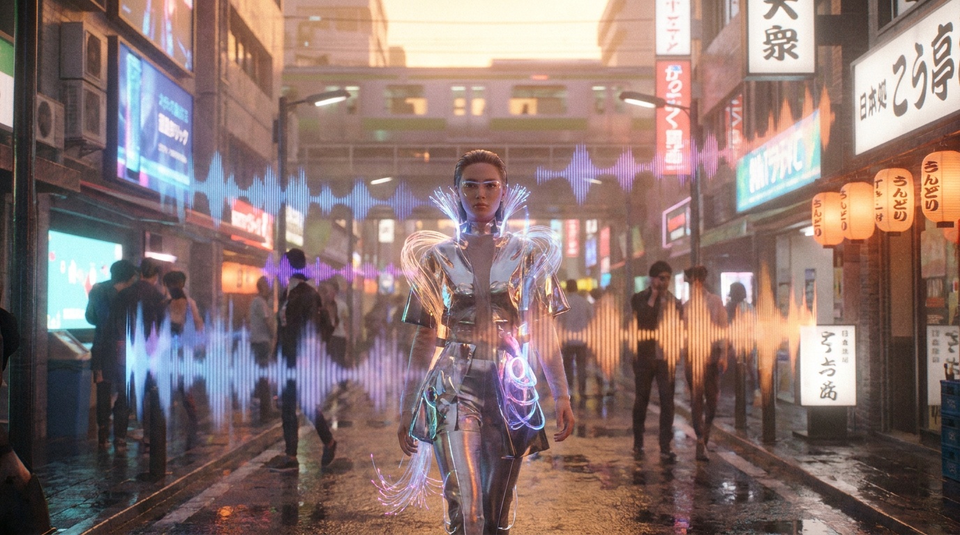 Cinematic AI video frame by Gemini Omni — neon Tokyo street with synced audio waveforms