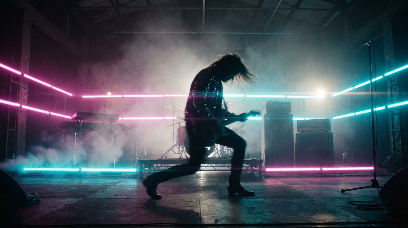 Cinematic neon-lit music video scene generated with Google Gemini Omni