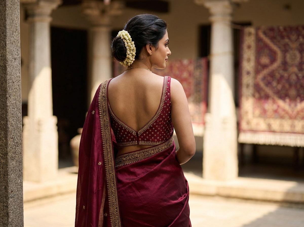 Indian woman in saree showing backless blouse neckline