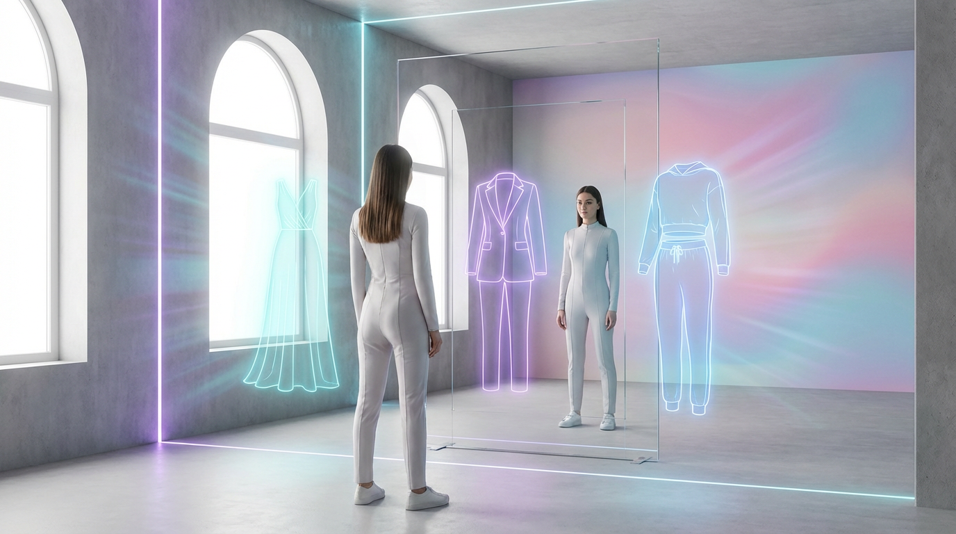 Virtual try-on technology — holographic smart mirror fashion concept