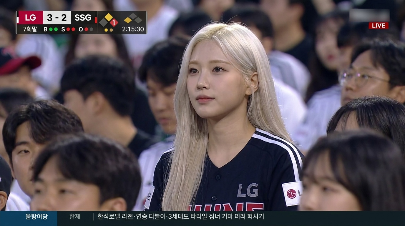 Korean Baseball AI fan cam — viral KBO live broadcast screenshot of a platinum-blonde fan in an LG Twins jersey with full scoreboard overlay