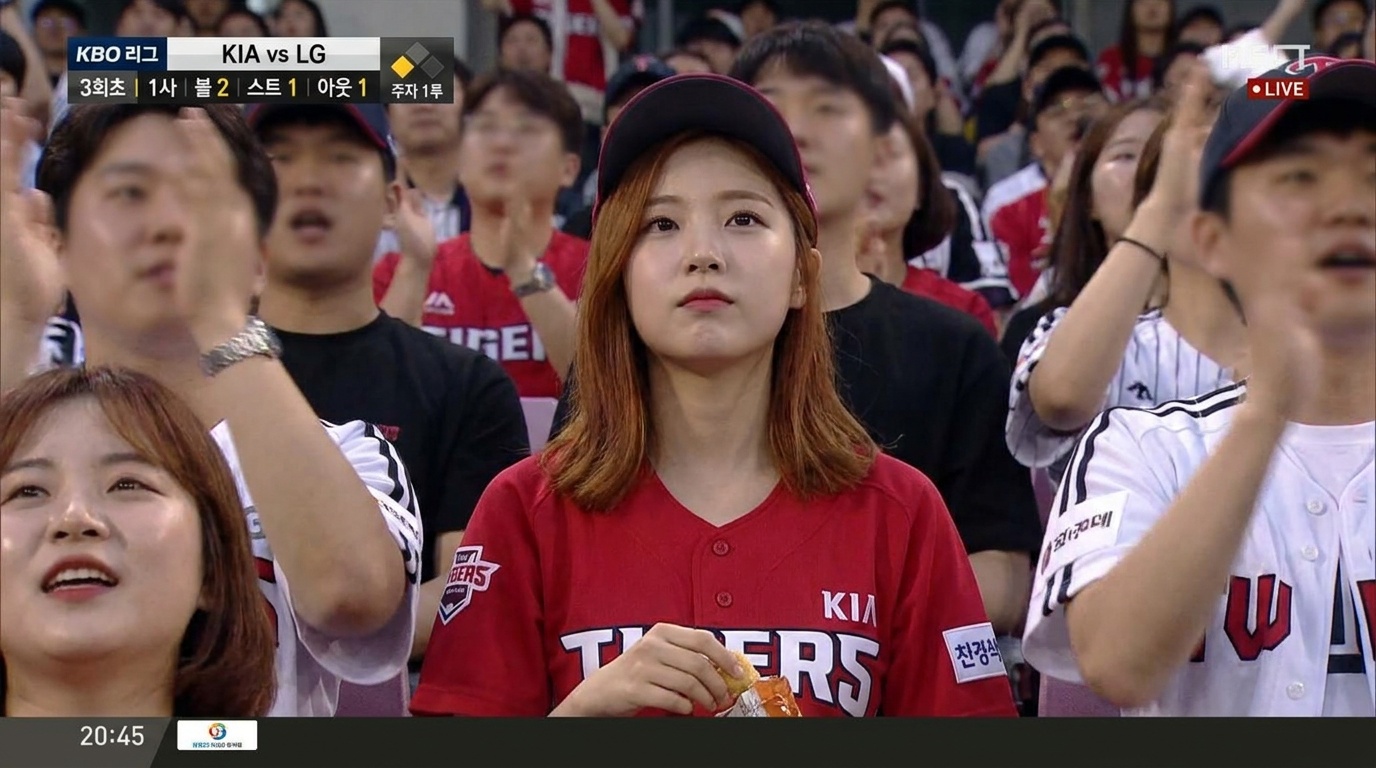 Korean Baseball AI live broadcast — auburn-haired fan in Kia Tigers red jersey at night KBO game