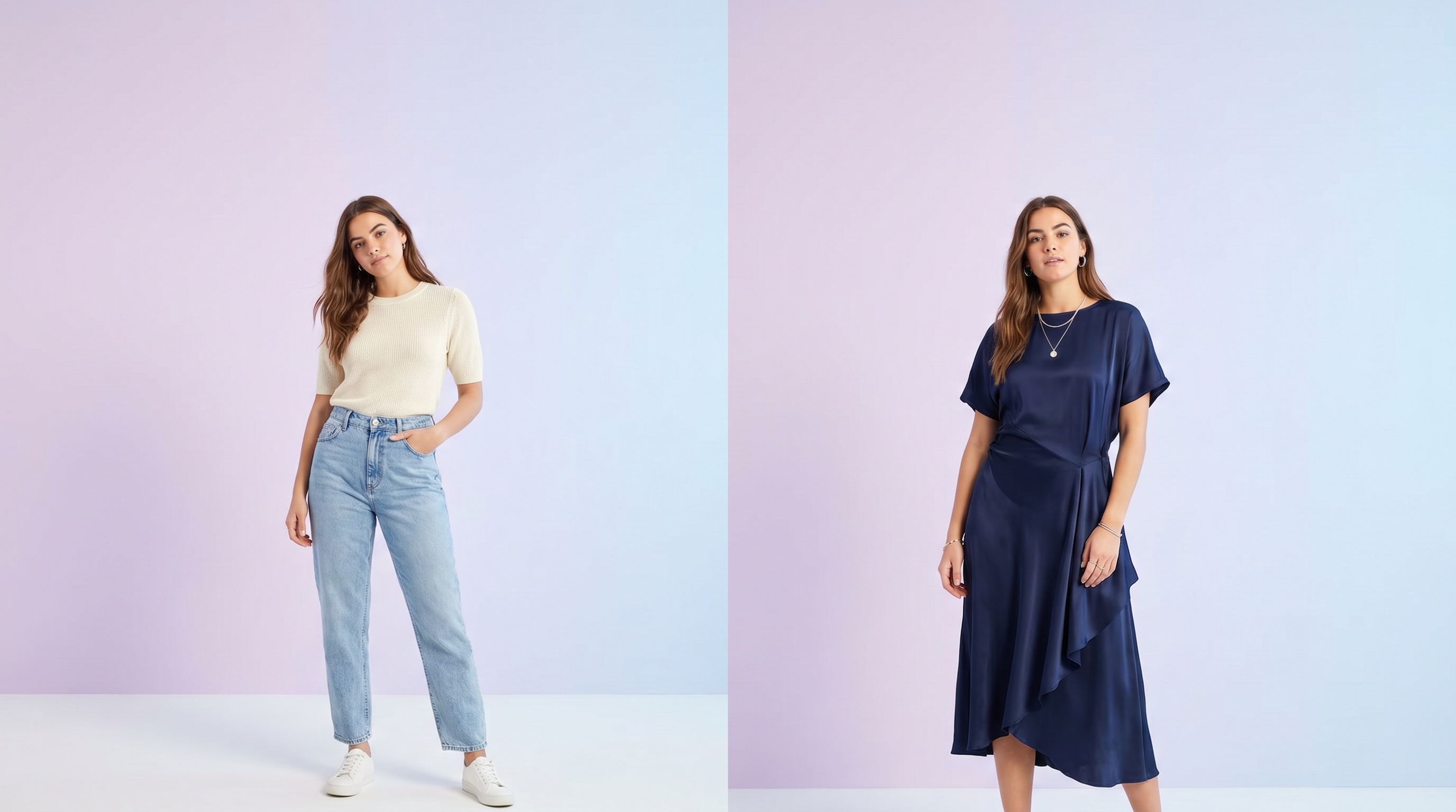 AI clothes changer example — the same person shown in two different outfits side by side