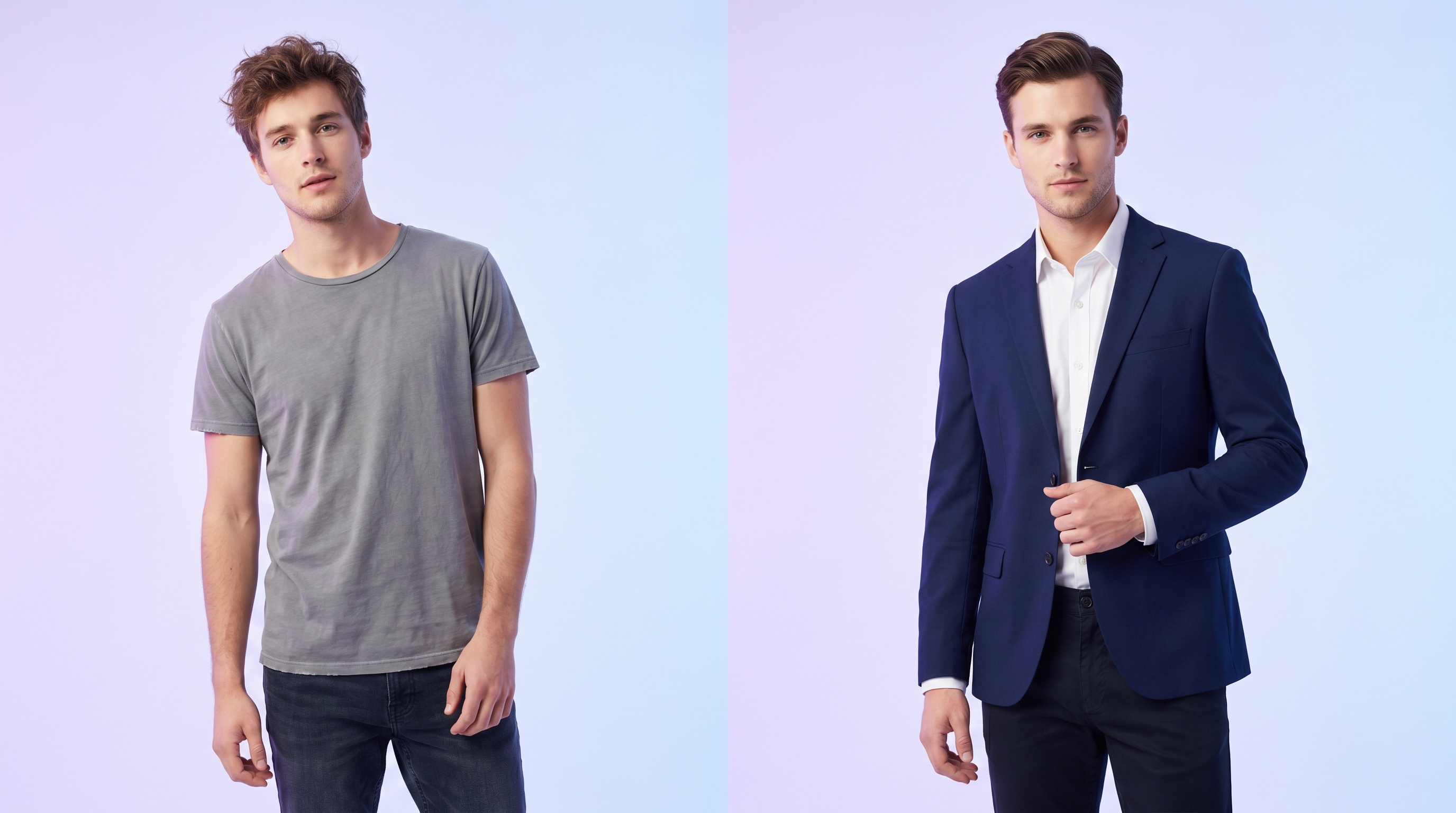 Change clothes in a photo with AI — a casual outfit transformed into a formal blazer look