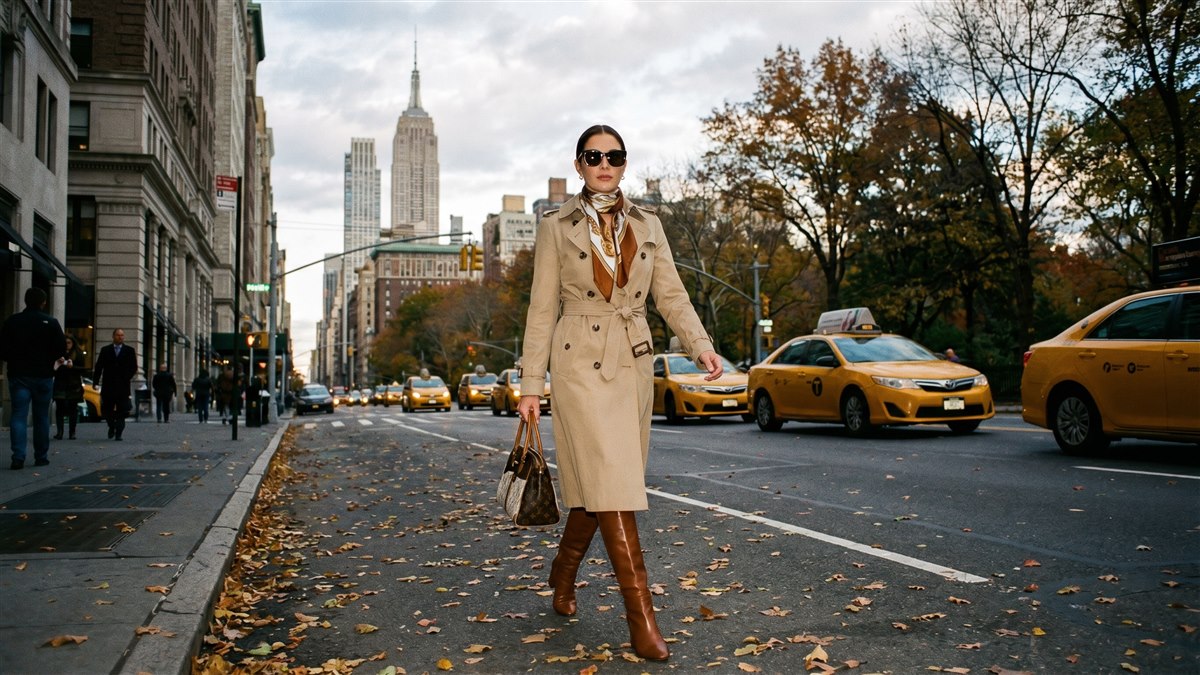 Stylish woman in chic NYC trench coat and boots walking on Fifth Avenue Manhattan with Empire State Building backdrop
