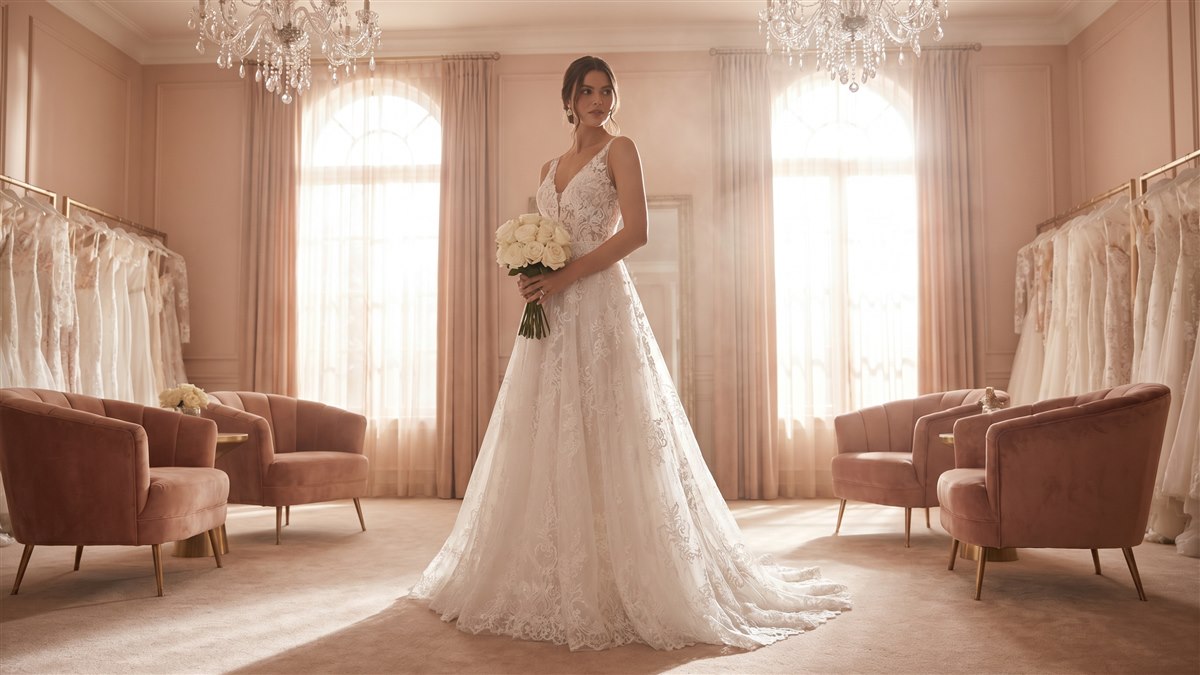 Elegant bride in white lace wedding gown standing in a sunlit luxury bridal boutique